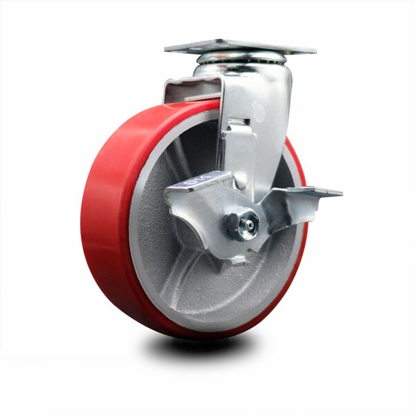 6 Inch Red Poly on Cast Iron Swivel Caster with Ball Bearing and Brake SCC